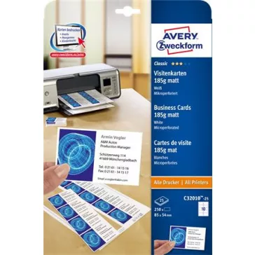   Névjegykártya, 85x54 mm, 185 g, mikroperforált, AVERY ZWECKFORM, 250 db/csomag