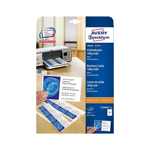 Névjegykártya, 85x54 mm, 185 g, mikroperforált, AVERY ZWECKFORM, 250 db/csomag