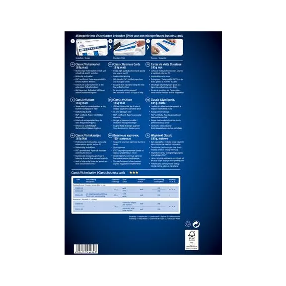 Névjegykártya, 85x54 mm, 185 g, mikroperforált, AVERY ZWECKFORM, 250 db/csomag
