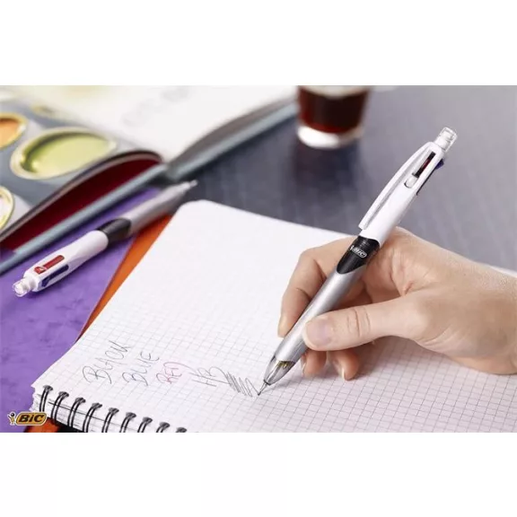 Golyóstoll, háromszínű, nyomósirónnal egyben, BIC "4 Colours" + grafitbél