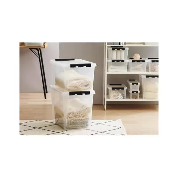 Műanyag tárolódoboz, 61 liter, fekete fogantyúkkal, SMARTSTORE "Classic 65", átlátszó