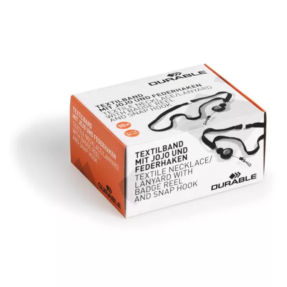 Azonosítókártya-tartó, kihúzható, karabineres, fekete nyakba akasztóval, DURABLE