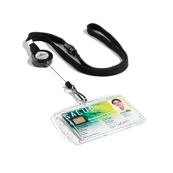Azonosítókártya-tartó, kihúzható, karabineres, fekete nyakba akasztóval, DURABLE