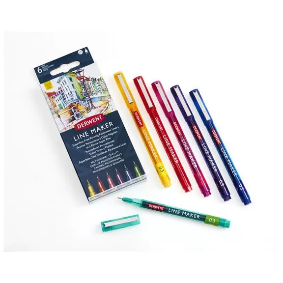 Tűfilc készlet, 0,3 mm, DERWENT "Line Marker", 6 különböző szín