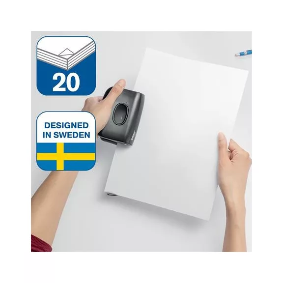 Lyukasztó, kétlyukú, újrahasznosított, 20 lap, RAPID "Eco 20", fekete