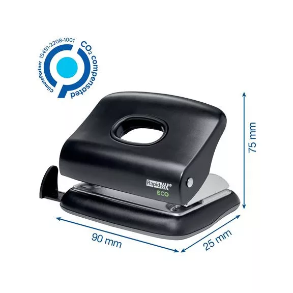 Lyukasztó, kétlyukú, újrahasznosított, 20 lap, RAPID "Eco 20", fekete