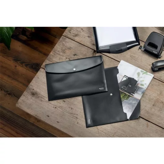 Irattartó tasak, A4, PP, patentos, LEITZ "Recycle", fekete