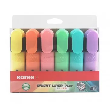   Szövegkiemelő készlet, 0,5-5 mm, KORES "Bright Liner Plus Pastel", 6 különböző szín