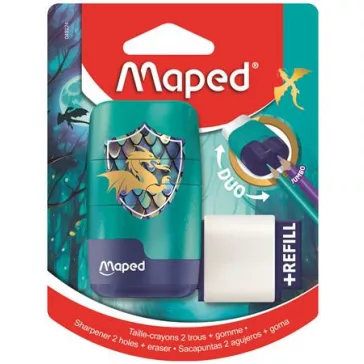   Hegyező és radír, kétlyukú, tartályos, pótradírral, MAPED "Connect Dragon", sárkány