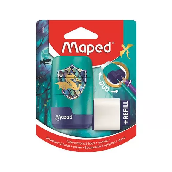 Hegyező és radír, kétlyukú, tartályos, pótradírral, MAPED "Connect Dragon", sárkány Hegyező és radír, kétlyukú, tartályos, pótradírral, MAPED "Connect Dragon", sárkány