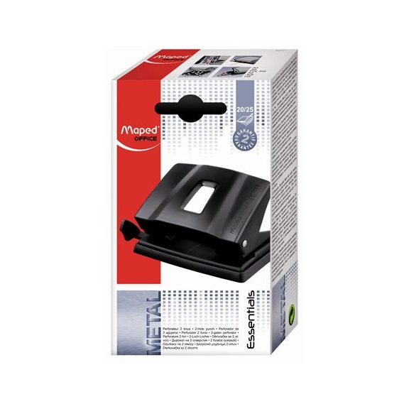Lyukasztó, kétlyukú, 25 lap, fém, MAPED "Essentials 25", fekete
