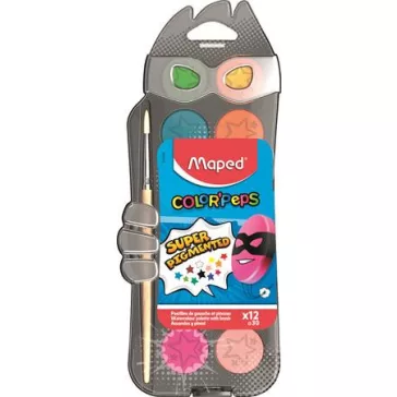   Vízfesték, 12 szín, 30 mm átm/szín + ajándék ecset, MAPED