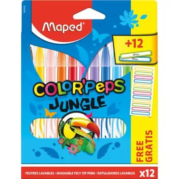   Filctoll készlet, 2,8 mm, kimosható, MAPED "Color'Peps Jungle" 12 különböző szín+12 ajándék matrica