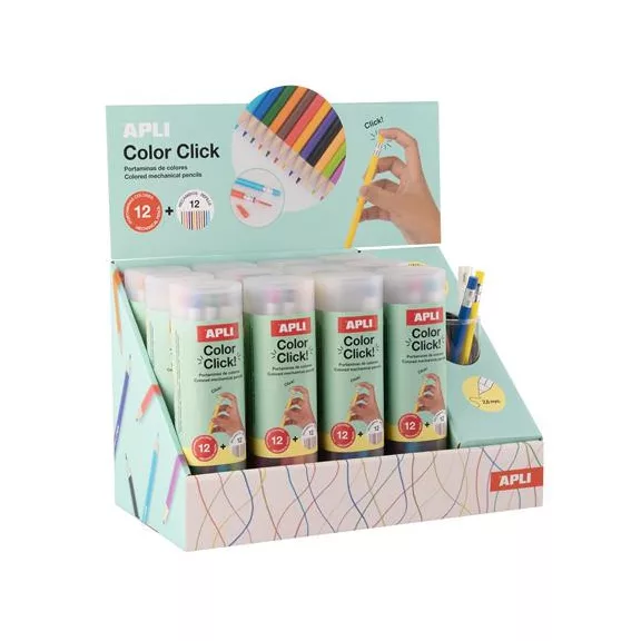 Színes töltőceruza készlet, ceruzatartóban, display, APLI "Color Click", 12 szín