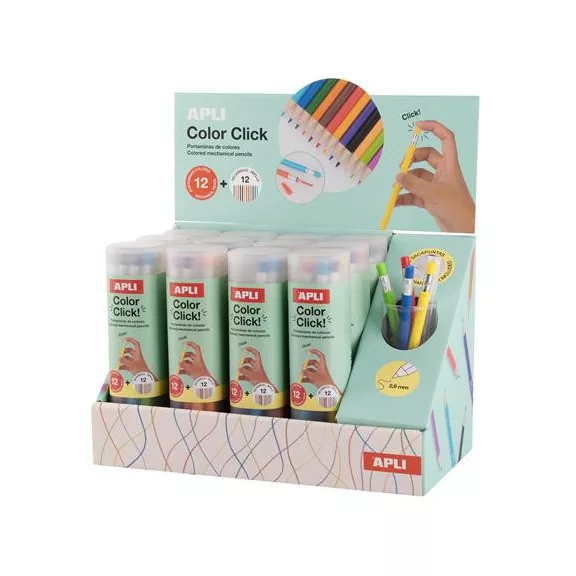 Színes töltőceruza készlet, ceruzatartóban, display, APLI "Color Click", 12 szín