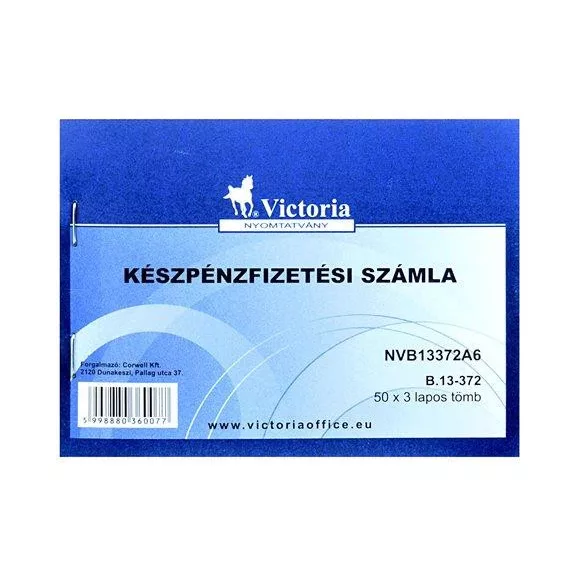 Nyomtatvány, készpénzfizetési számlatömb, egy ÁFÁs, 50x3, A6, fekvő, VICTORIA PAPER, "B.13-372", 20 tömb/csomag