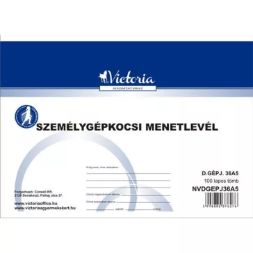   Nyomtatvány, menetlevél, személygépkocsi, 100 lap, A5, fekvő, VICTORIA PAPER, "D.GÉPJ.36.", 10 tömb/csomag