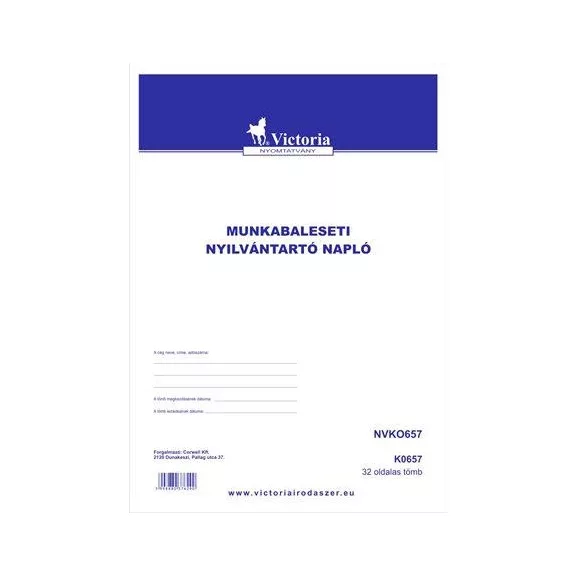 Nyomtatvány, munkabaleseti nyilvántartó napló, 32 oldal, A4, VICTORIA PAPER, 10 tömb/csomag