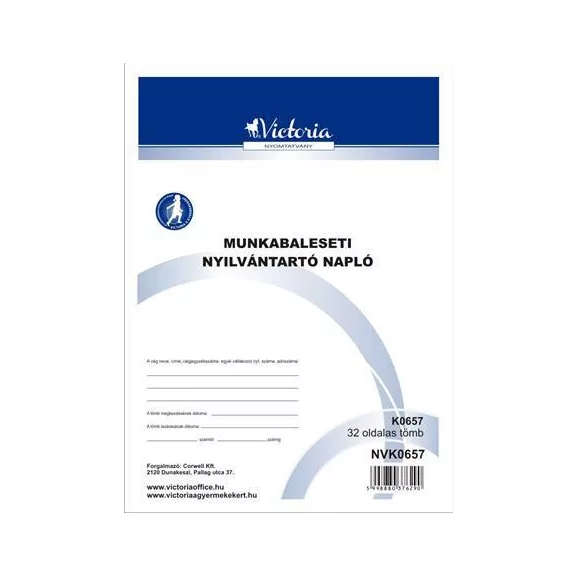 Nyomtatvány, munkabaleseti nyilvántartó napló, 32 oldal, A4, VICTORIA PAPER, 10 tömb/csomag