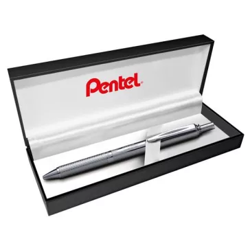   Zseléstoll, 0,35 mm, nyomógombos, ezüst tolltest, PENTEL "EnerGel BL-407" fekete, ajándék kék tollbetéttel