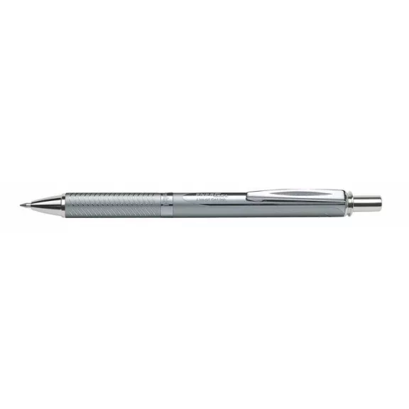 Zseléstoll, 0,35 mm, nyomógombos, ezüst tolltest, PENTEL "EnerGel BL-407" fekete, ajándék kék tollbetéttel