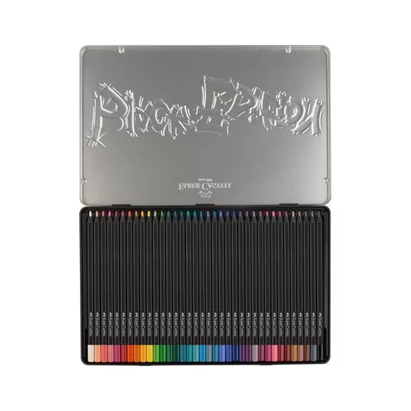 Színes ceruza készlet, háromszögletű, fémdobozban, FABER-CASTELL "Black Edition",  36 különböző szín