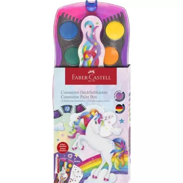   Vízfesték, 12 darabos, összeilleszthető, FABER-CASTELL "Unikornis"+1 tubus fehér tempera+unikornis matrica