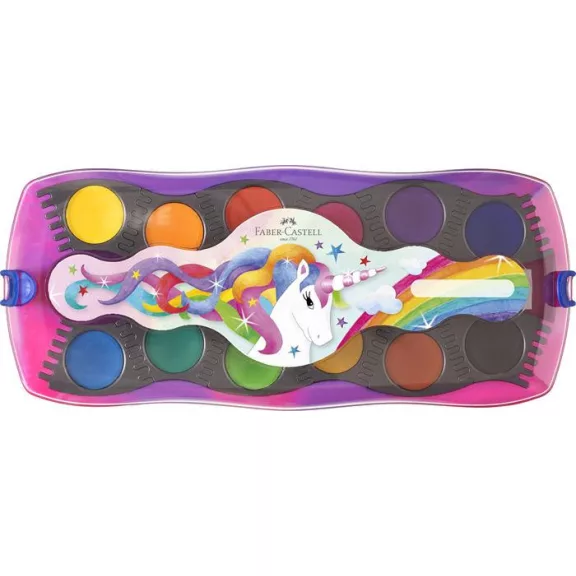 Vízfesték, 12 darabos, összeilleszthető, FABER-CASTELL "Unikornis"+1 tubus fehér tempera+unikornis matrica