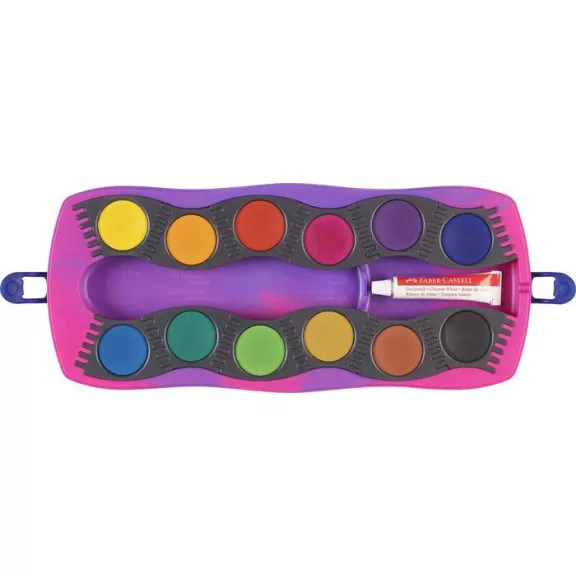 Vízfesték, 12 darabos, összeilleszthető, FABER-CASTELL "Unikornis"+1 tubus fehér tempera+unikornis matrica