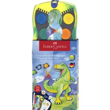   Vízfesték, 12 darabos, összeilleszthető, FABER-CASTELL "Dinoszaurusz"+1 tubus fehér tempera + dinoszaurusz matrica