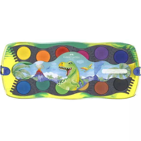 Vízfesték, 12 darabos, összeilleszthető, FABER-CASTELL "Dinoszaurusz"+1 tubus fehér tempera + dinoszaurusz matrica