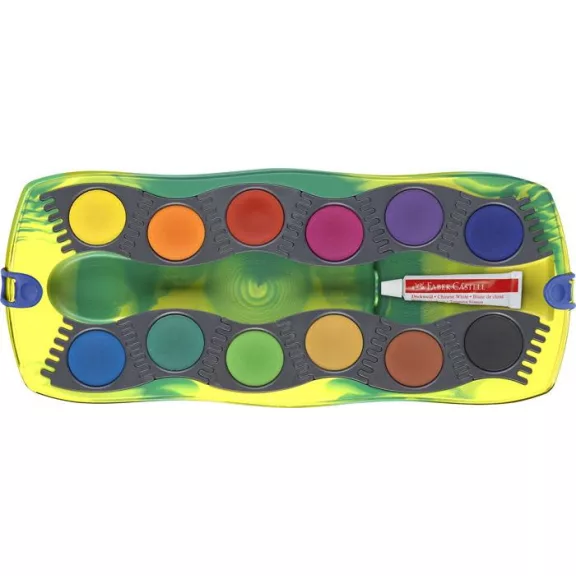 Vízfesték, 12 darabos, összeilleszthető, FABER-CASTELL "Dinoszaurusz"+1 tubus fehér tempera + dinoszaurusz matrica