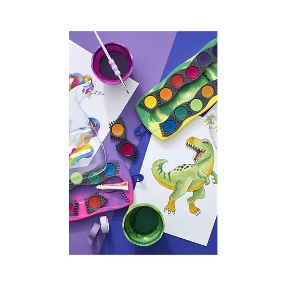 Vízfesték, 12 darabos, összeilleszthető, FABER-CASTELL "Dinoszaurusz"+1 tubus fehér tempera + dinoszaurusz matrica