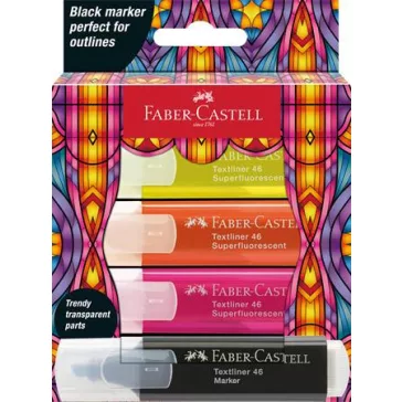   Szövegkiemelő készlet, FABER-CASTELL "Glassy", 3 különböző neon szín + fekete