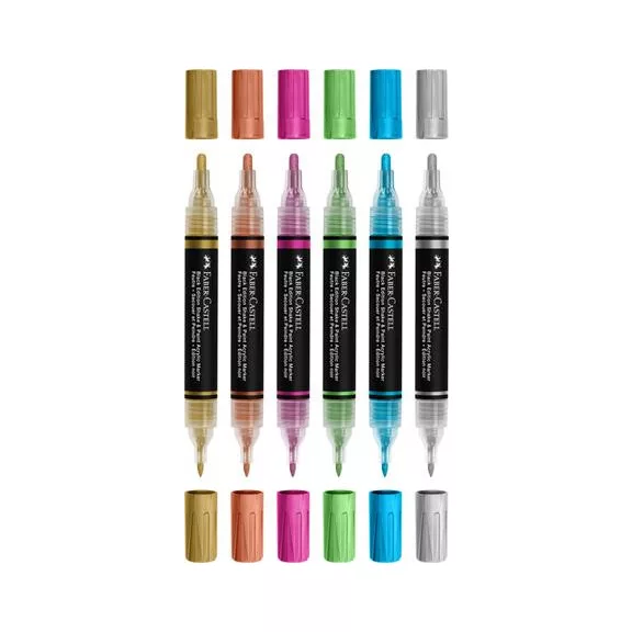 Dekormarker készlet, 1,0/3,0 mm, kétvégű, akril, FABER-CASTELL "Shake&Paint", 6 különböző metál szín