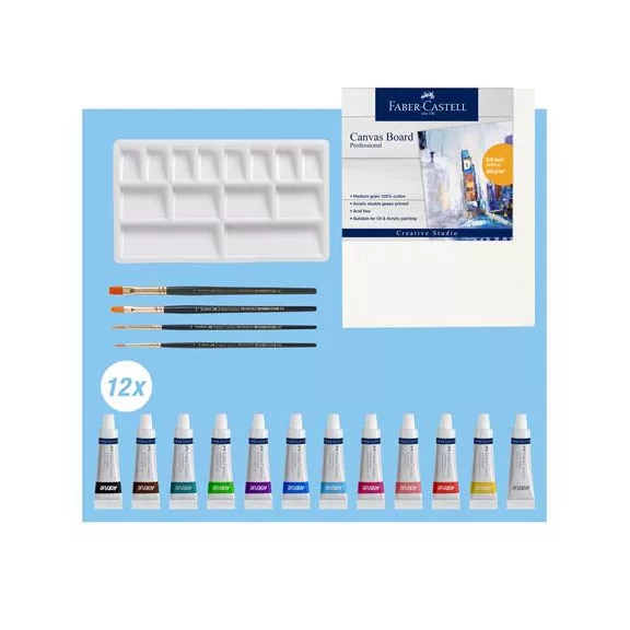 Akrilfesték készlet festővászonnal, tubusos, FABER-CASTELL "Creative Studio", 12 különböző szín