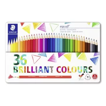   Színes ceruza készlet, háromszögletű, fémdobozos, STAEDTLER "Ergo Soft 157", 36 különböző szín