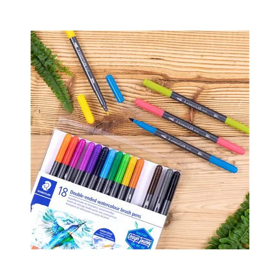 Ecsetirón készlet, 0,5-0,8/1,0-6,0 mm, kétvégű, STAEDTLER "3001", 18 szín