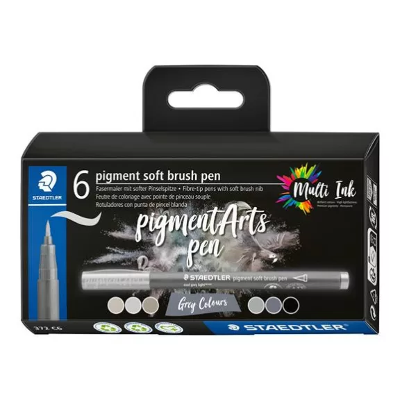 Ecsetirón készlet, STAEDTLER "Pigment 372", 6 különböző fekete és szürke árnyalat Ecsetirón készlet, STAEDTLER "Pigment 372", 6 különböző fekete és szürke árnyalat