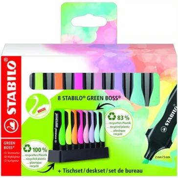   Szövegkiemelő készlet, 2-5 mm, STABILO "Green Boss Pastel", 8 db-os asztali készlet