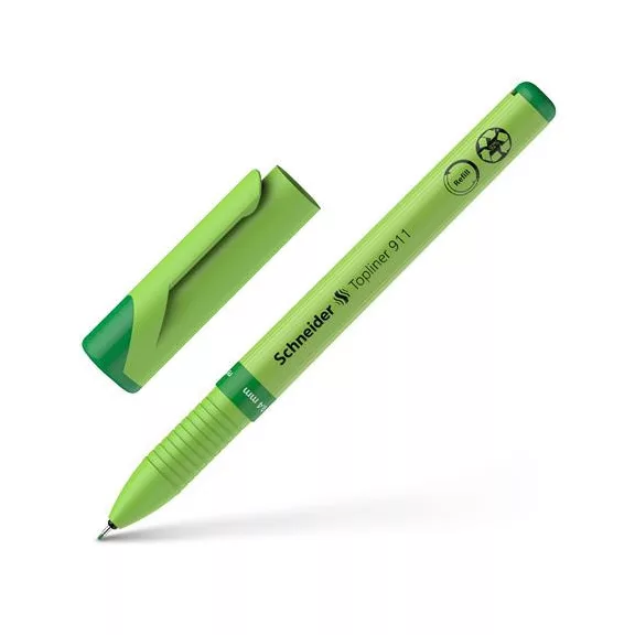 Tűfilc, 0,4 mm, cserélhető betétes, újrahasznosított tolltest, SCHNEIDER "Topliner 911", zöld
