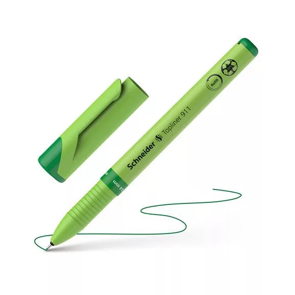 Tűfilc, 0,4 mm, cserélhető betétes, újrahasznosított tolltest, SCHNEIDER "Topliner 911", zöld