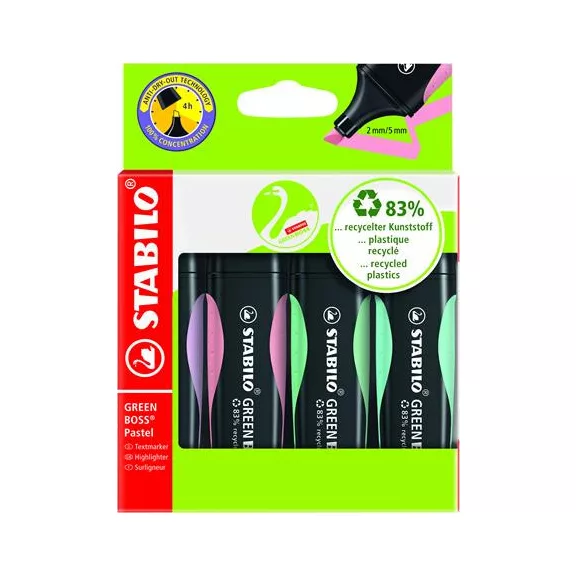 Szövegkiemelő készlet, 2-5 mm, STABILO "Green Boss Pastel", 4 különböző szín