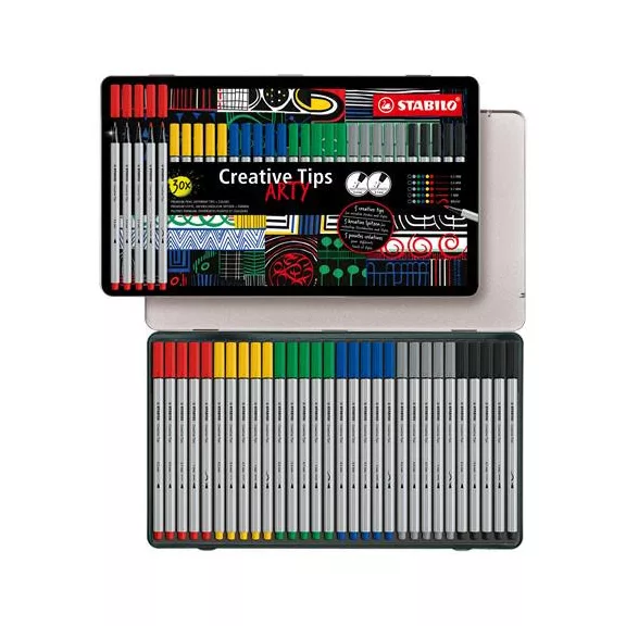 Tűfilc készlet, fém doboz, STABILO "Creative Tips ARTY", 6 különböző szín, 5 különböző vastagság
