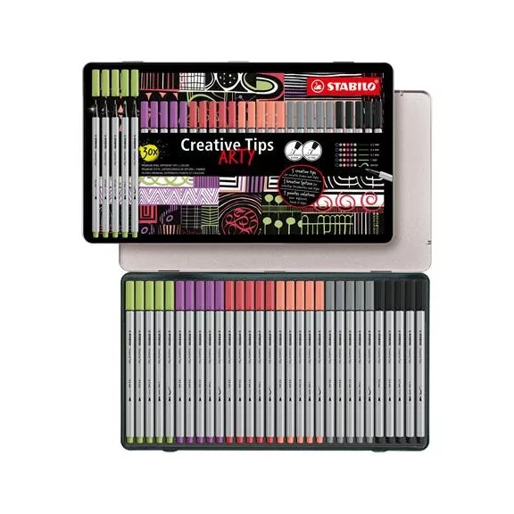 Tűfilc készlet, fém doboz, STABILO "Creative Tips ARTY", 6 különböző pasztell szín, 5 különböző vastagság