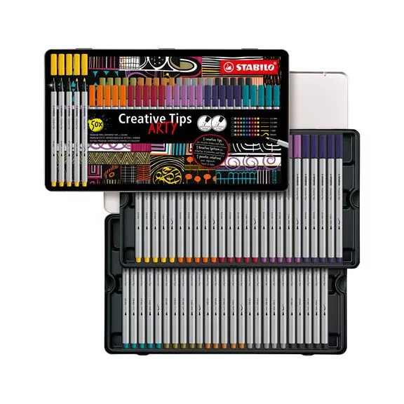 Tűfilc készlet, fém doboz, STABILO "Creative Tips ARTY", 10 különböző szín, 5 különböző vastagság
