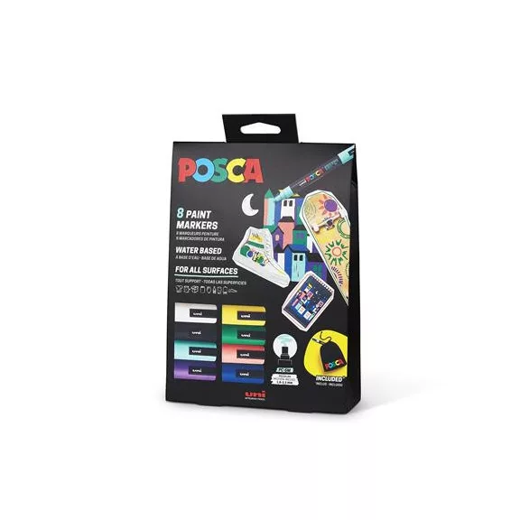 Dekormarker készlet, 1,8-2,5 mm, UNI "Posca Pouch PC-5M", 8 különböző szín, tartóval