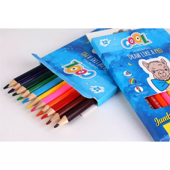 Színes ceruza készlet, háromszögletű, vastag, COOL BY VICTORIA, 12 különböző szín