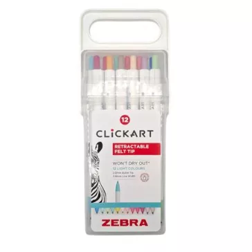   Filctoll készlet, nyomógombos, 0,6 mm, ZEBRA "Clickart" 12 különböző pasztell szín