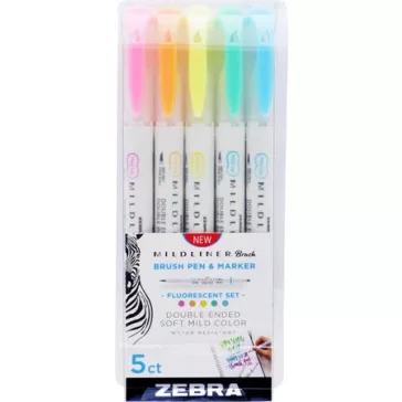   Ecsetirón készlet, kétvégű ZEBRA "Mildliner Fluorescent", 5 szín